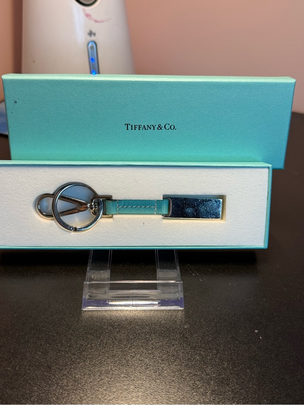 Tiffany & Co. Robin's Blue Leather Keychain with Silver Hardware tone